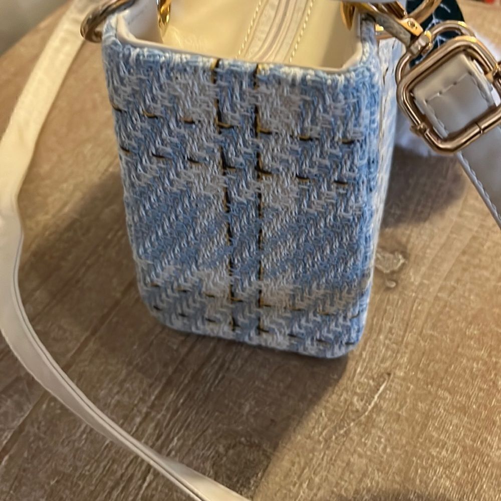 Plaid Pattern Tweed Blue/ White Bag with Keychain/ Pendant - Picture 3 of 4
